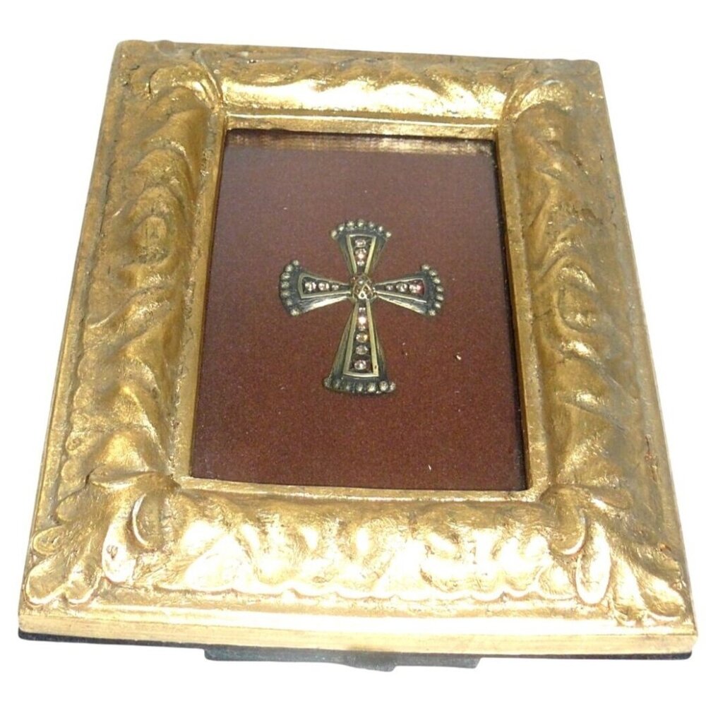Belinda Miley Jeweled Cross in Ornate Gold Frame w Glass Brown Background Vintag